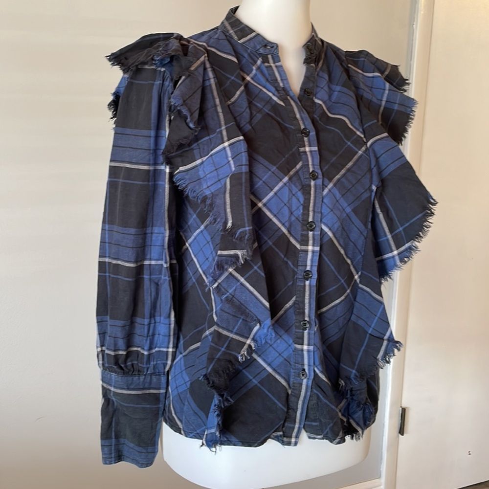 [Maison Cinqcent] Blue Flannel Button Down Blouse - Size Small - Picture 2 of 7